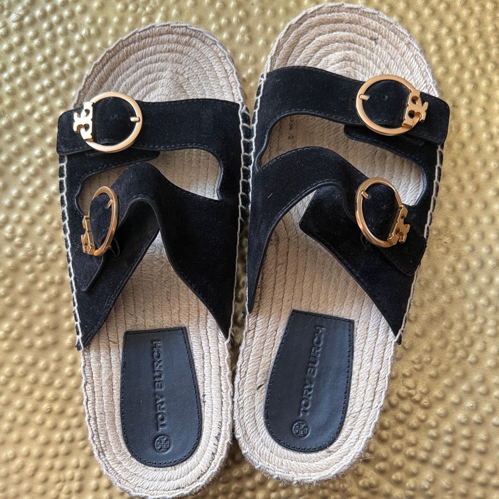 Tory Burch Black Espadrille Slides with Gold Buckles